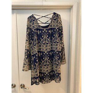 Women Dress Tunic Boho Chic Bell Sleeve Criss Cross Back Blue Paisley Floral Med